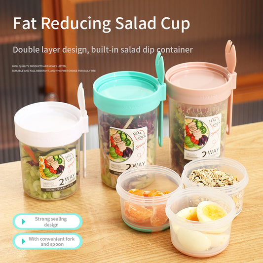 Double-Layer Plastic Salad Cup With Spoon Cover And Fork Sealed For Students Portable Light Food Cup