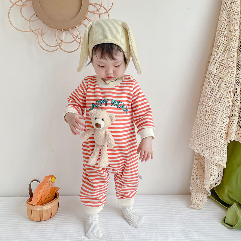 Baby Jumpsuit Autumn New Men And Women Baby Striped Three-Dimensional Bear Romper Long Sleeve Spring And Autumn Baby Clothes