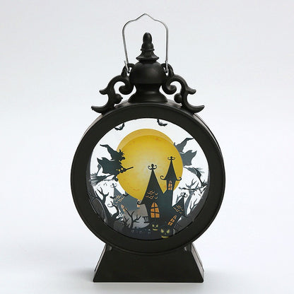 Halloween Decorative Wind Lantern Retro Round Portable Horse Lantern LED Electronic Candle Lamp Atmosphere Decoration