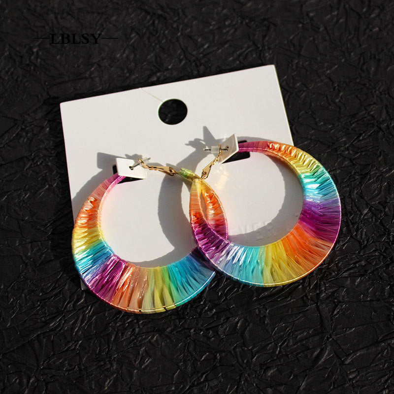 Jewelry Exaggerated Rainbow Color Handmade Rattan Earrings Niche Design Sense Net Red Street Shooting Earrings