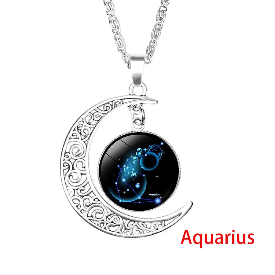 12 Zodiac Sign Pendant Necklace Glass Cabochon Double Galaxy Constellation Horoscope Astrology Necklace For Women Men Jewelry