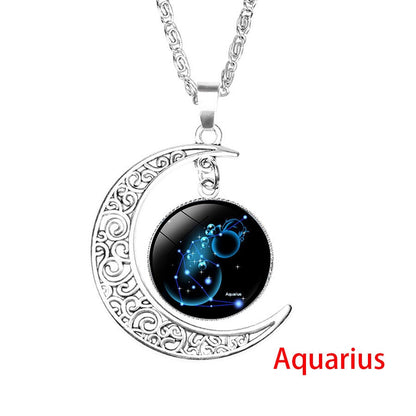 12 Zodiac Sign Pendant Necklace Glass Cabochon Double Galaxy Constellation Horoscope Astrology Necklace For Women Men Jewelry