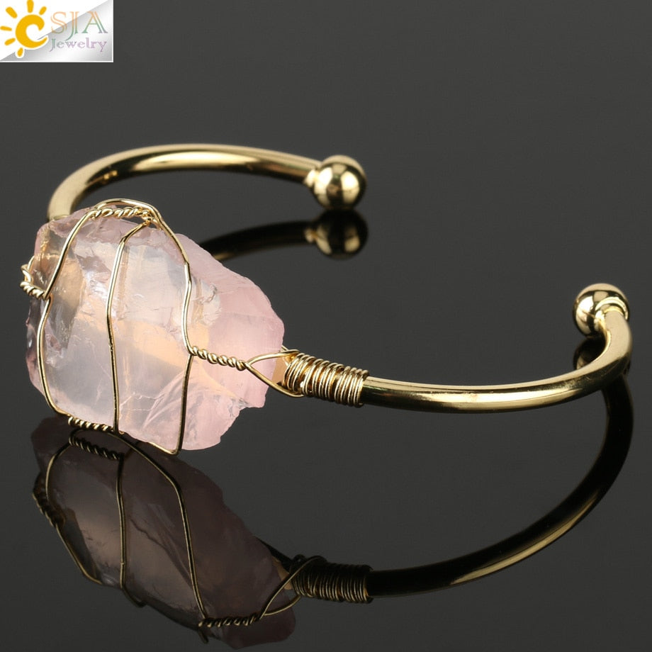 CSJA Natural Stone Bangle Gold-color Wire Wrap Irregular Crystal Quartz Cuff Copper Bracelets for Women Girls Kids Jewelry G327