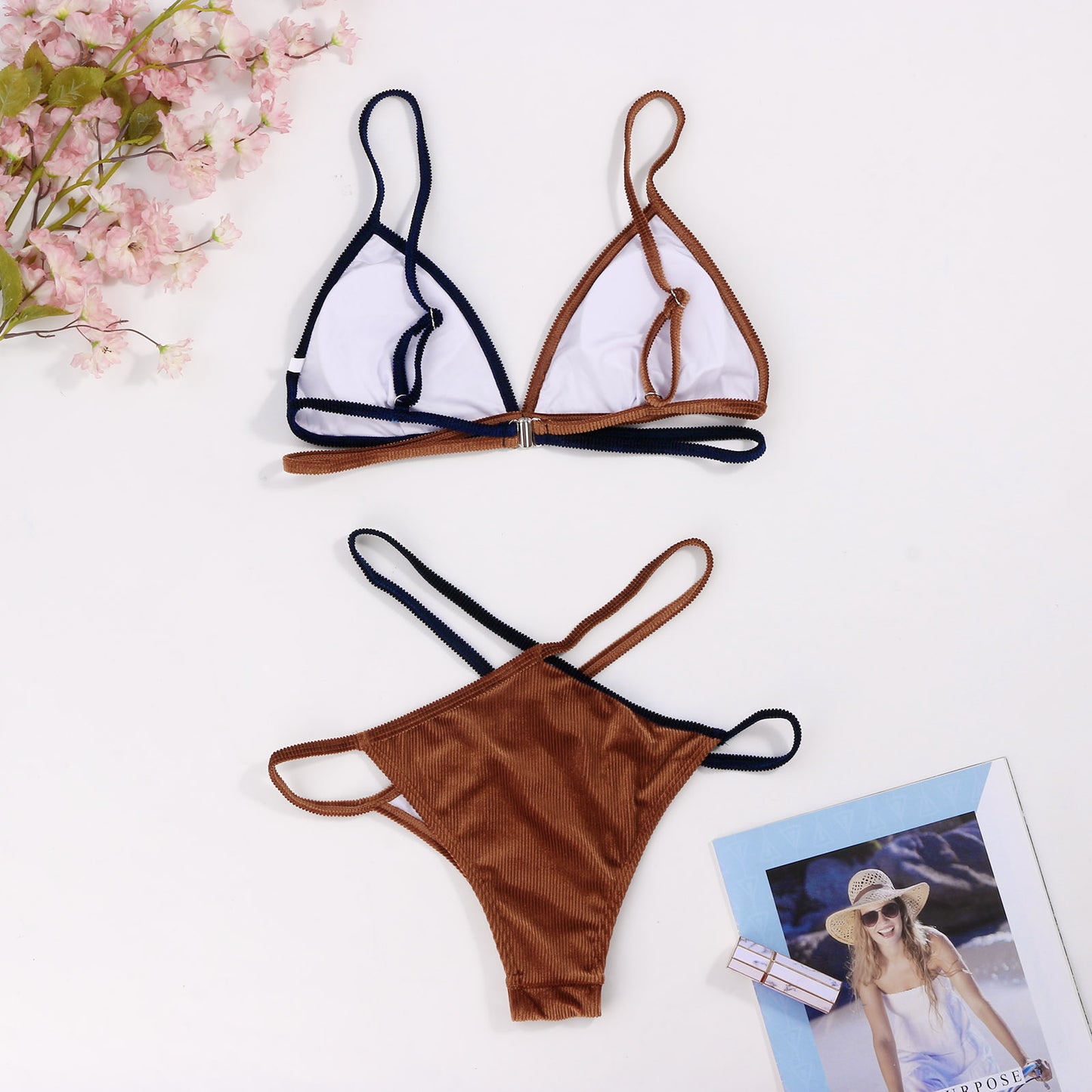 New European and American sexy ladies split body color velvet bikini