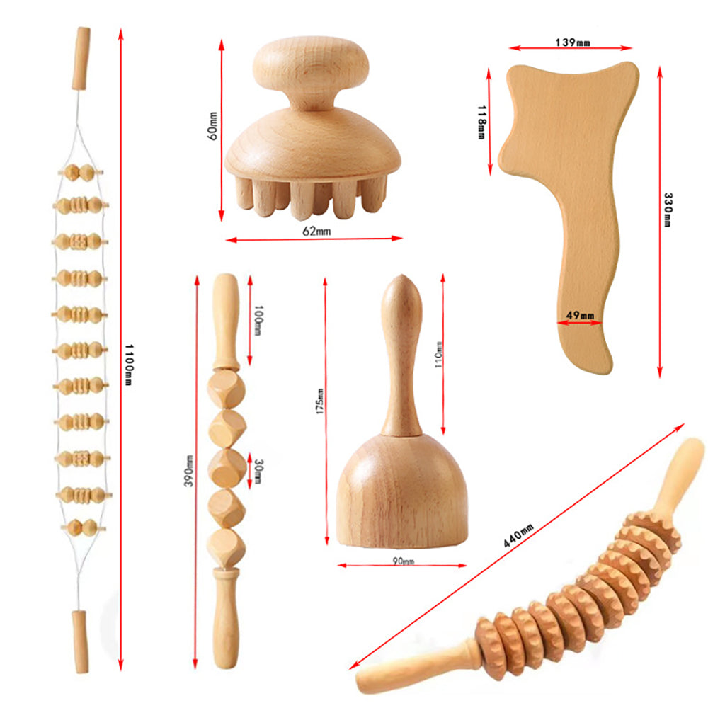 Beech wood therapy scraping cup, meridian dredging roller, tendon rolling stick, scraping board, head massager, massage set