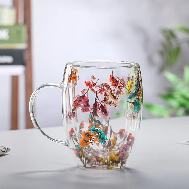 Net Red Dry Flower Double Layer Glass Cup High Beauty Glass Cup High Borosilicate Glass Cup with Handle