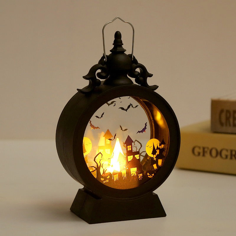 Halloween Decorative Wind Lantern Retro Round Portable Horse Lantern LED Electronic Candle Lamp Atmosphere Decoration