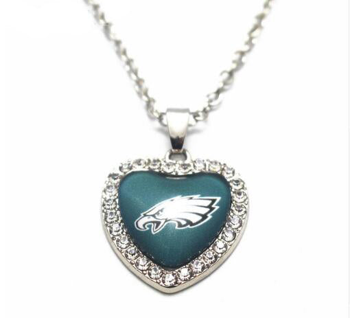 Philadelphia Eagles Crystal Football Glass Silver Heart Pendant Necklace