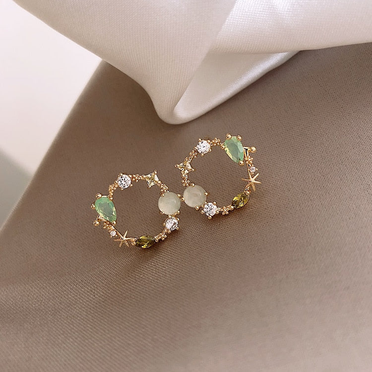 New Arrival Classic Round Pink Green Crystal Stud Earrings for women Sweet Flower Cirlce Jewelry Fashion Brincos Gift