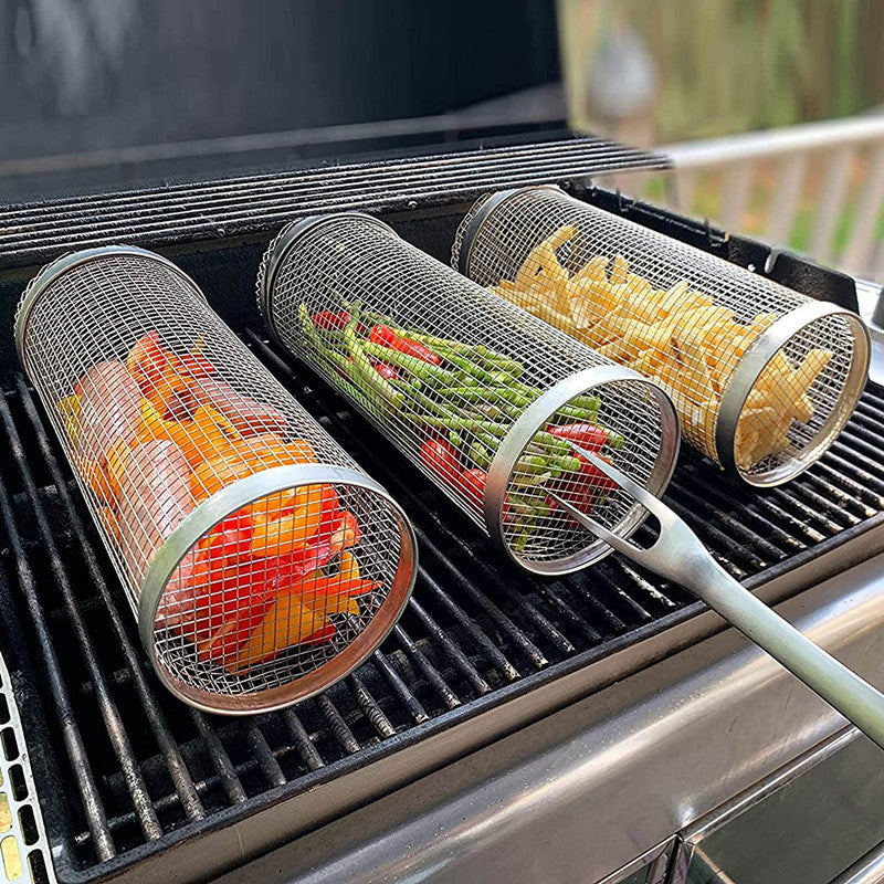 Outdoor Camping BBQ Drum Grilling Basket Stainless Steel Barbecue Cooking Grill Grate Campfire Grid Picnic Cookware Kitchen Tool