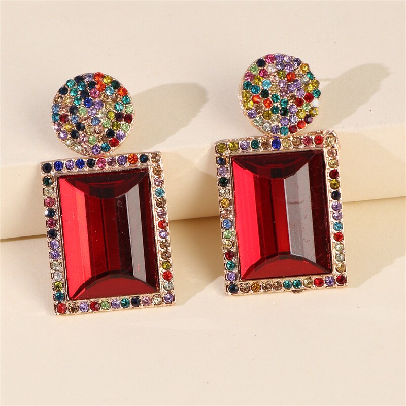 JURAN Colorful Square Rhinestone Statement Earring for Women Trendy Luxury Geometric Rainbow Earring Fashion Jewelry Trend