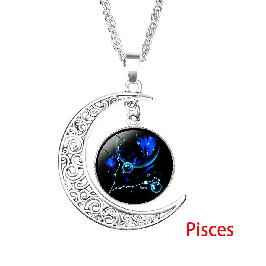 12 Zodiac Sign Pendant Necklace Glass Cabochon Double Galaxy Constellation Horoscope Astrology Necklace For Women Men Jewelry