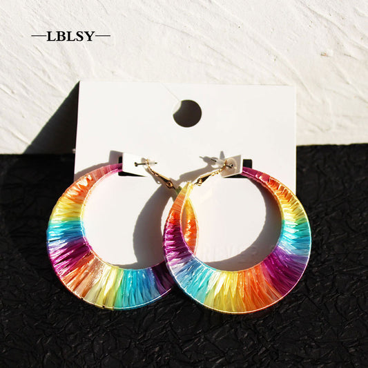 Jewelry Exaggerated Rainbow Color Handmade Rattan Earrings Niche Design Sense Net Red Street Shooting Earrings