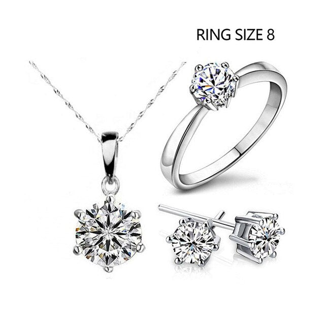 Silver Color Fashion Jewelry Sets Cubic Zircon Statement Necklace & Earrings Rings Wedding Jewelry for Women Gift