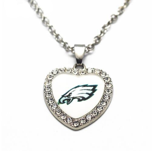 Philadelphia Eagles Crystal Football Glass Silver Heart Pendant Necklace