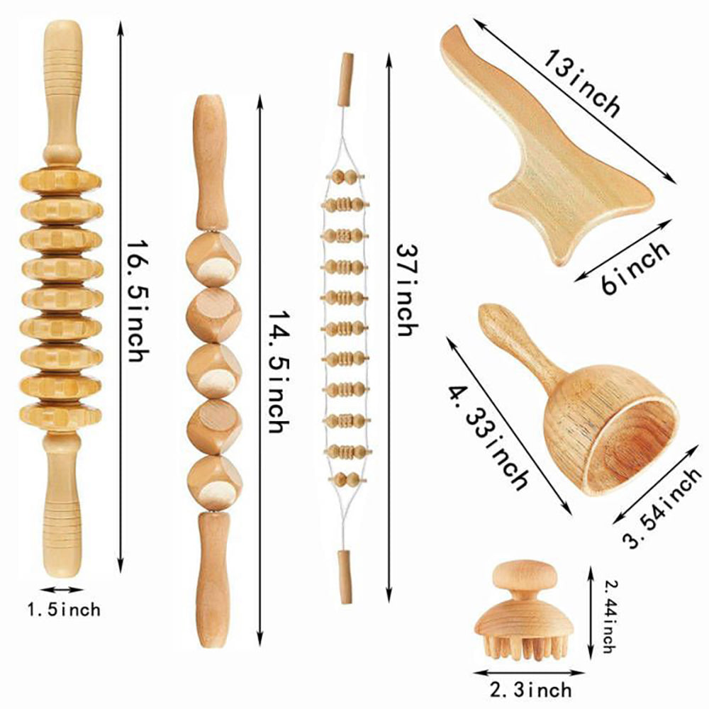 Beech wood therapy scraping cup, meridian dredging roller, tendon rolling stick, scraping board, head massager, massage set