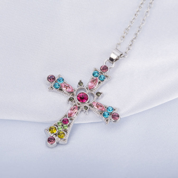 Bohemian Style Crystal Diamond Color Cross Pendant Girls Clavicle Necklace Jewelry