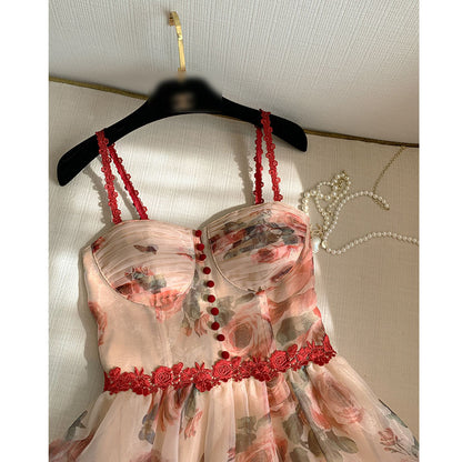 Red Tea Rose French Floral Suspender Dress Female A-Line Skirt