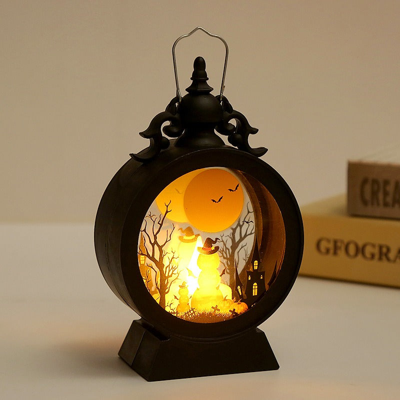 Halloween Decorative Wind Lantern Retro Round Portable Horse Lantern LED Electronic Candle Lamp Atmosphere Decoration