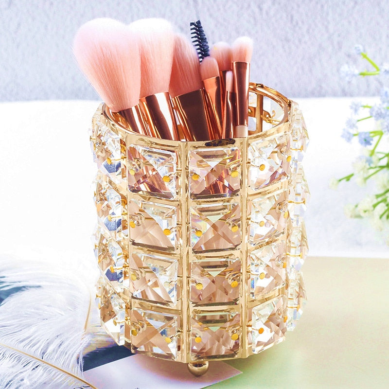 Europe Metal Makeup Brush Storage Tube Eyebrow Pencil Makeup Organizer Bead Crystal Jewelry Storage Box