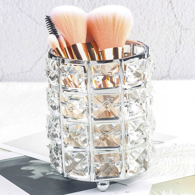 Europe Metal Makeup Brush Storage Tube Eyebrow Pencil Makeup Organizer Bead Crystal Jewelry Storage Box