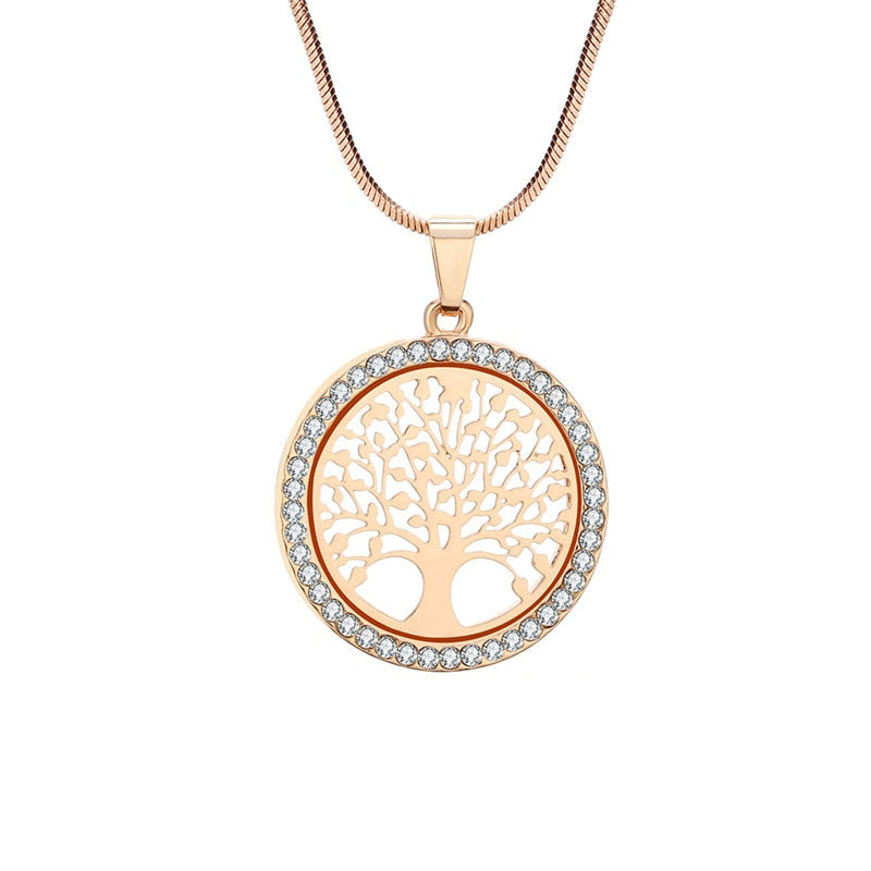 Hot Tree of Life Crystal Round Small Pendant Necklace Gold Silver Color Bijoux Collier Elegant Women Jewelry Gifts