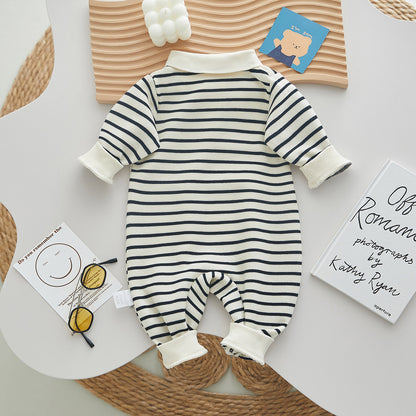 Baby Clothes Spring And Autumn New Boy Baby Clothes Striped Bear Newborn Clothes Lapel Baby Onesie