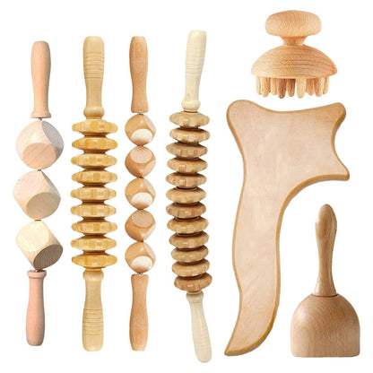 Beech wood therapy scraping cup, meridian dredging roller, tendon rolling stick, scraping board, head massager, massage set