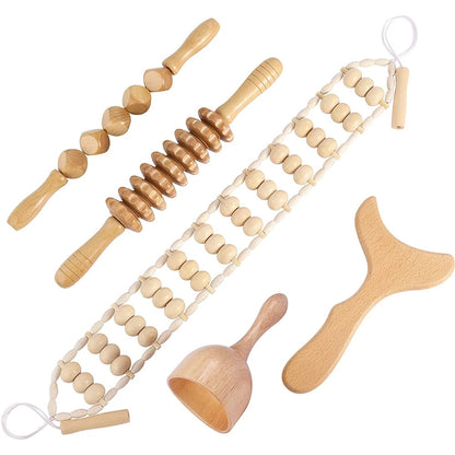 Beech wood therapy scraping cup, meridian dredging roller, tendon rolling stick, scraping board, head massager, massage set