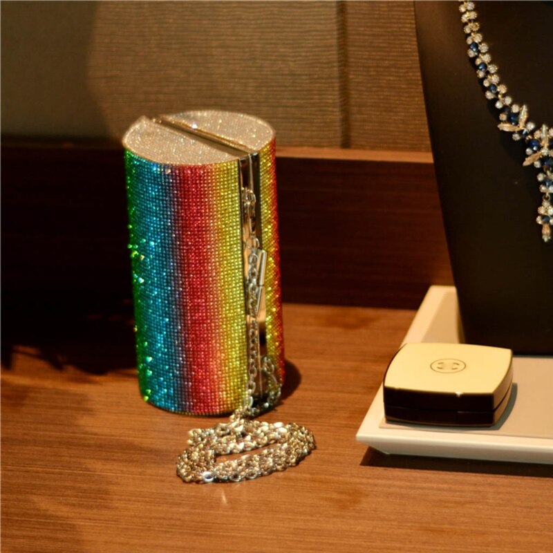 Rainbow Rhinestone Purse Evening Bags for Women Luxury Party Handbag for Wedding Clutch Bag Diamond Cylinder Shoulder Bag