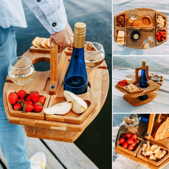 Picnic Table Wine Plate Portable Out Hanging Wine Glasses Fruit Plate Wooden Picnic Table