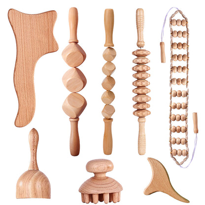 Beech wood therapy scraping cup, meridian dredging roller, tendon rolling stick, scraping board, head massager, massage set