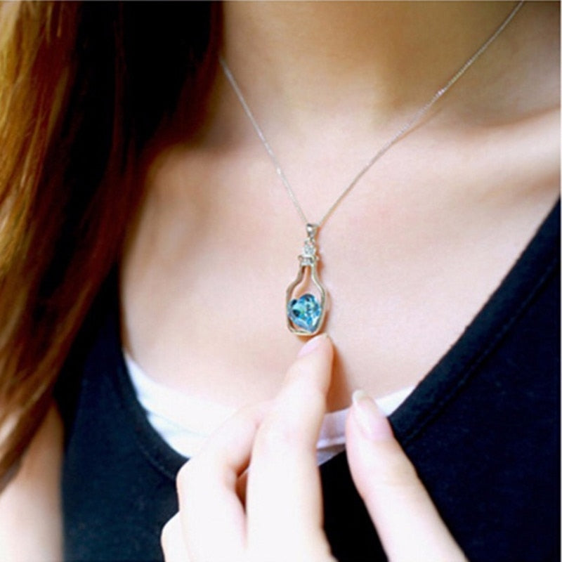 Punk Pink Blue Collares Men Wish Bottle Crystal Heart Pendant Necklace For Women Chain Jewelry Statement collier