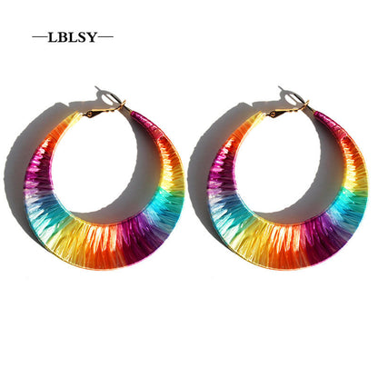 Jewelry Exaggerated Rainbow Color Handmade Rattan Earrings Niche Design Sense Net Red Street Shooting Earrings