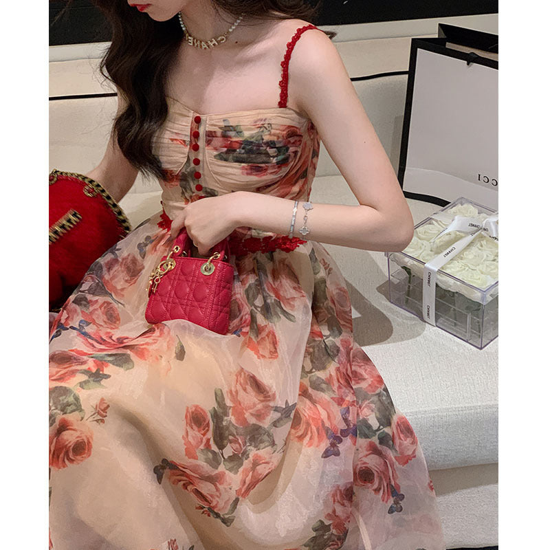 Red Tea Rose French Floral Suspender Dress Female A-Line Skirt