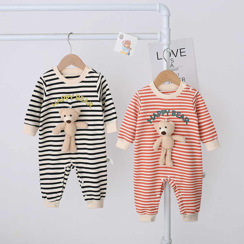 Baby Jumpsuit Autumn New Men And Women Baby Striped Three-Dimensional Bear Romper Long Sleeve Spring And Autumn Baby Clothes