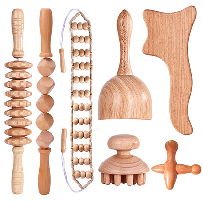 Beech wood therapy scraping cup, meridian dredging roller, tendon rolling stick, scraping board, head massager, massage set