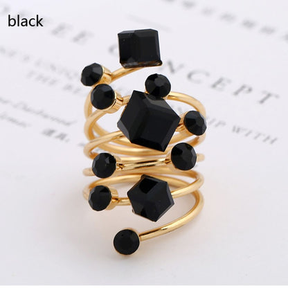 Punk Antique Black Crystal Stone Opening Gold Rings Set for Women Men Adjustable Gothic Statement Party Jewelry