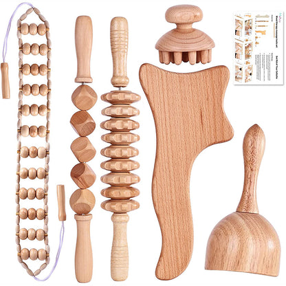 Beech wood therapy scraping cup, meridian dredging roller, tendon rolling stick, scraping board, head massager, massage set