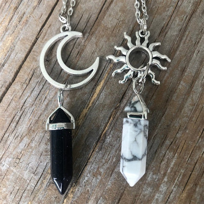 2 PCS New Retro Sun Moon Natural Stone Hexagonal Column Crystal Couple Jewelry Necklace