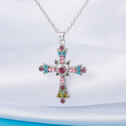 Bohemian Style Crystal Diamond Color Cross Pendant Girls Clavicle Necklace Jewelry