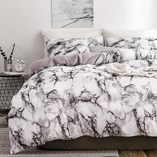 The Bedroom Bedding Is A Comfortable White Marble Pattern Printed Duvet Cover (2/3 Piece Set)