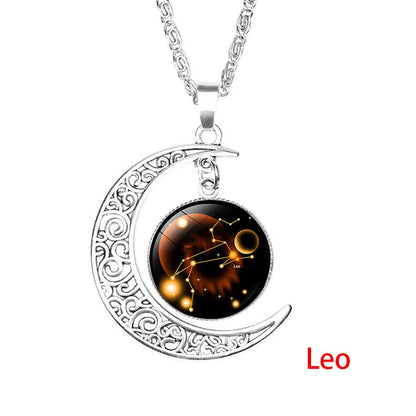 12 Zodiac Sign Pendant Necklace Glass Cabochon Double Galaxy Constellation Horoscope Astrology Necklace For Women Men Jewelry