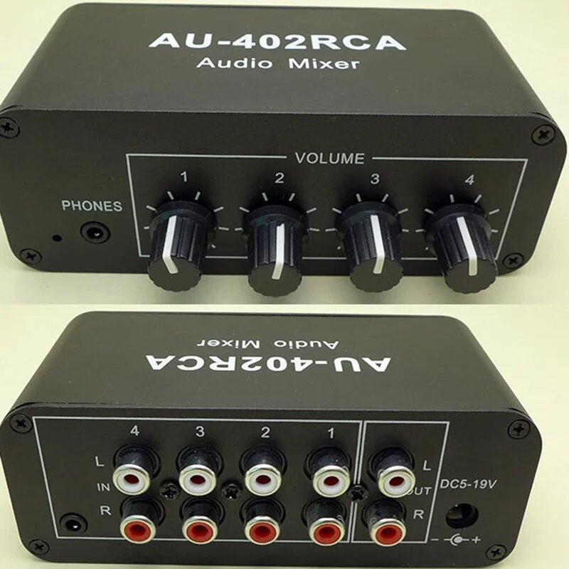 Multi-Source RCA Mixer Stereo Audio Reverberator Audio Switch Switcher 4 Input 2 Output Driver Headphone Volume Control