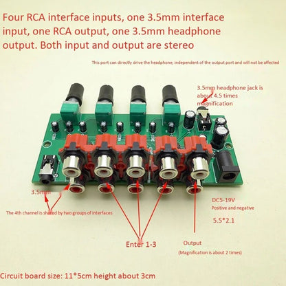 Multi-Source RCA Mixer Stereo Audio Reverberator Audio Switch Switcher 4 Input 2 Output Driver Headphone Volume Control