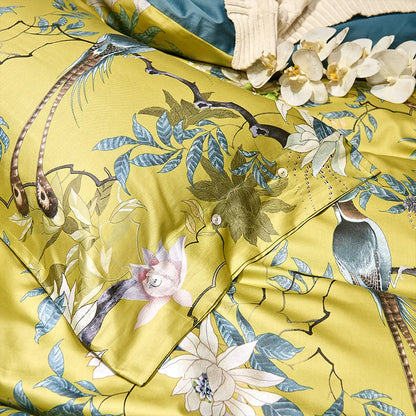 Long Staple cotton Chinoiserie Birds Plant Duvet Cover King Queen Size Bedding Set 4Pcs