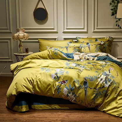 Long Staple cotton Chinoiserie Birds Plant Duvet Cover King Queen Size Bedding Set 4Pcs