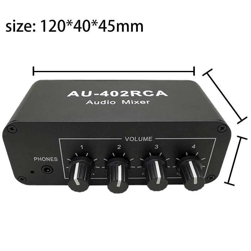 Multi-Source RCA Mixer Stereo Audio Reverberator Audio Switch Switcher 4 Input 2 Output Driver Headphone Volume Control