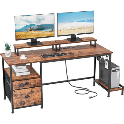 Furologee Desk with Drawer and Power Outlets, 55" Large Compter Desk with Fabric File Cabinet and 2 Movable Monitor Shelf