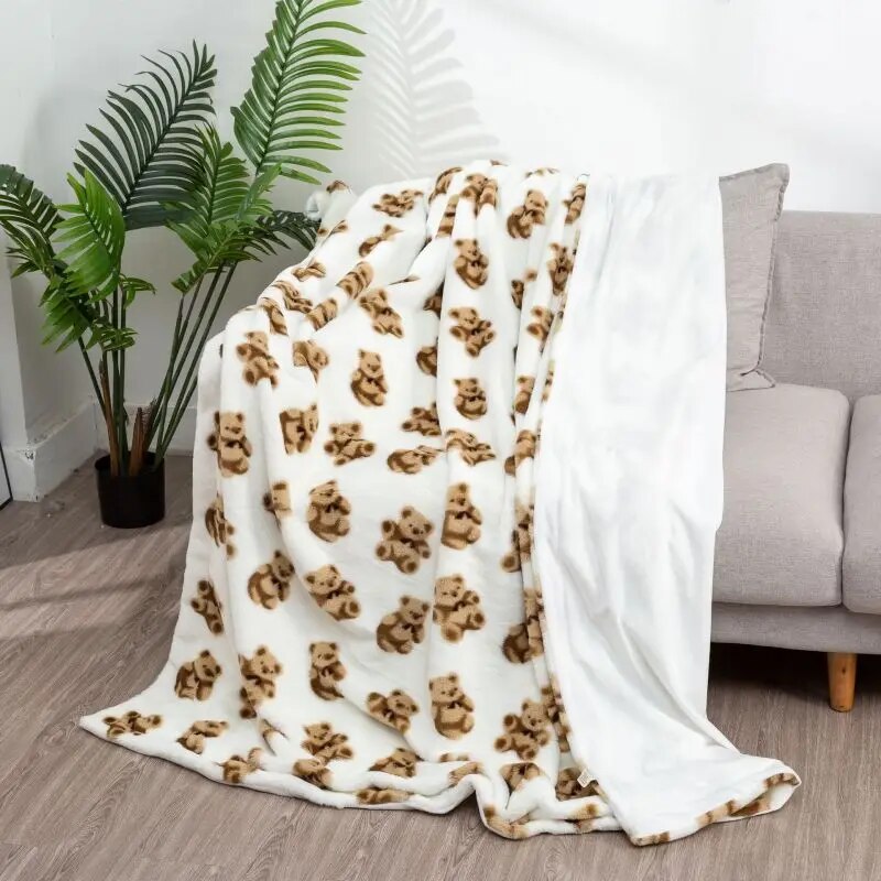 Cute Bear Winter Warm Blanket Faux Rabbit Fur Soft Blankets for Livingroom Sofa Throw 130x160cm Plush Fur Bedspread 160x200cm